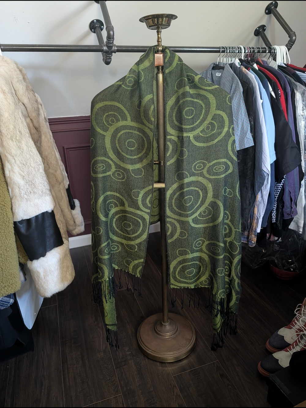 Pashmina & Silk Vintage Green Circular Pattern Knit Wrap Scarf LARGE